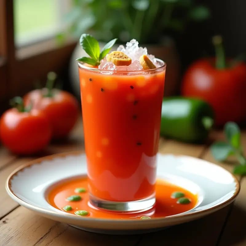 Vaso alto transparente con gazpacho andaluz frío, trozos de pan tostado flotando y hielo picado brillante. Fondo de mesa rústica con tomates frescos y pimiento verde al lado.