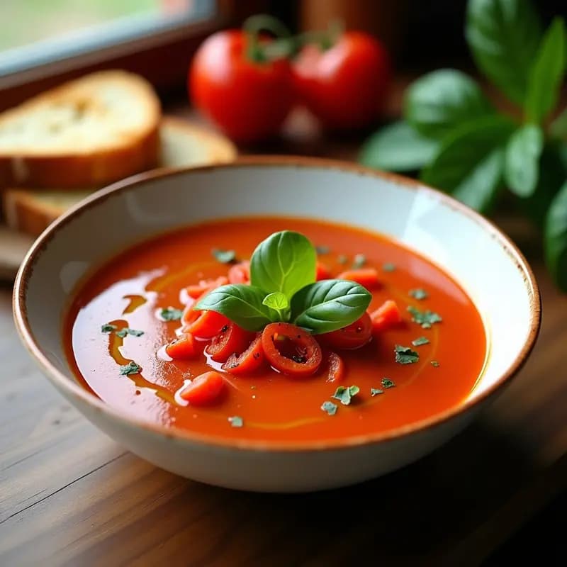 Cuenco blanco con gazpacho andaluz cremoso, decorado con tiras de pimiento asado rojo y hojas de cilantro fresco. Fondo con mesa de madera rústica y aceite de oliva virgen extra en un plato pequeño.