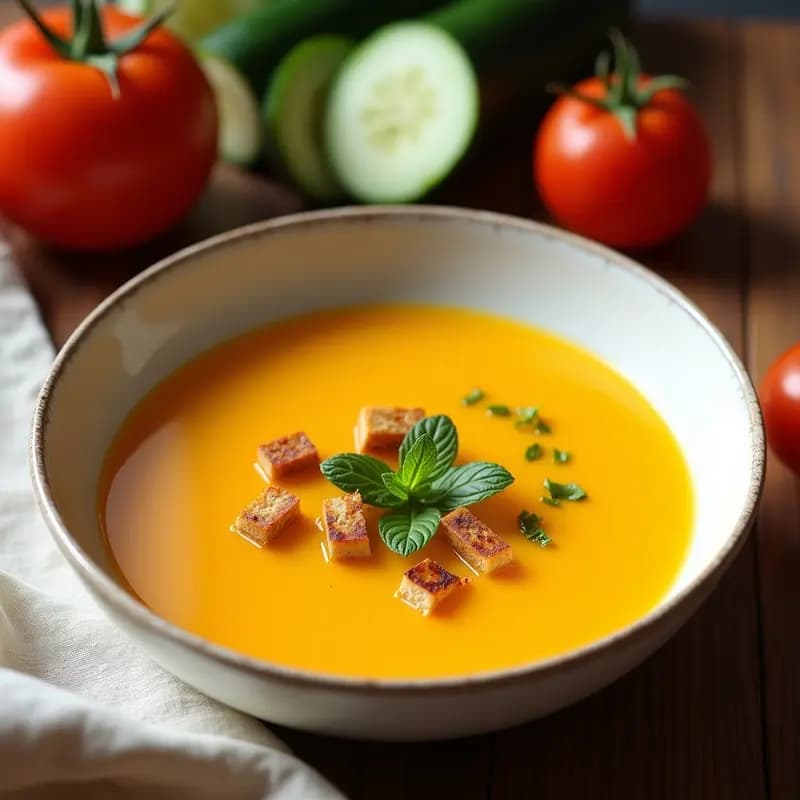Cuenco de gazpacho de remolacha dorada fresco, con color vibrante amarillo-anaranjado, decorado con un hilo de aceite de oliva y croutons. Receta andaluza refrescante y saludable.