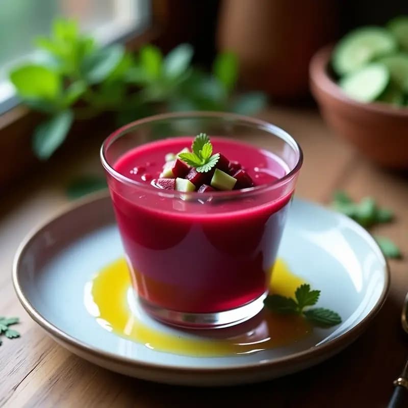 Gazpacho andaluz de remolacha servido en vaso transparente, con color rojo intenso y decorado con daditos de remolacha, pepino y hilo de aceite de oliva virgen extra sobre fondo rústico.