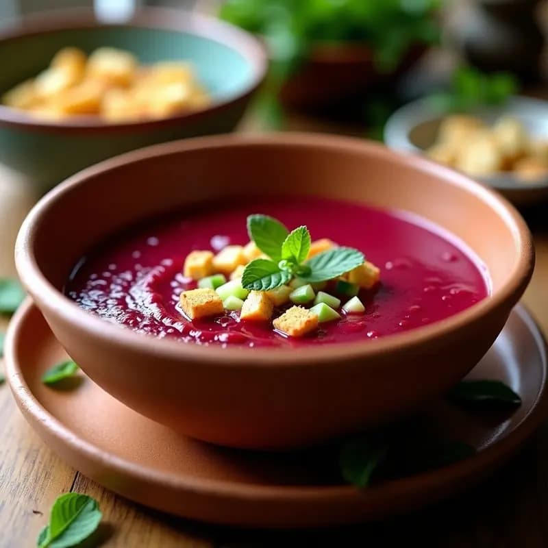 Cuenco de gazpacho andaluz de remolacha al horno, de color rojo intenso, decorado con trocitos de pepino, pimiento rojo y croutons, servido en un plato rústico de barro con fondo de madera.