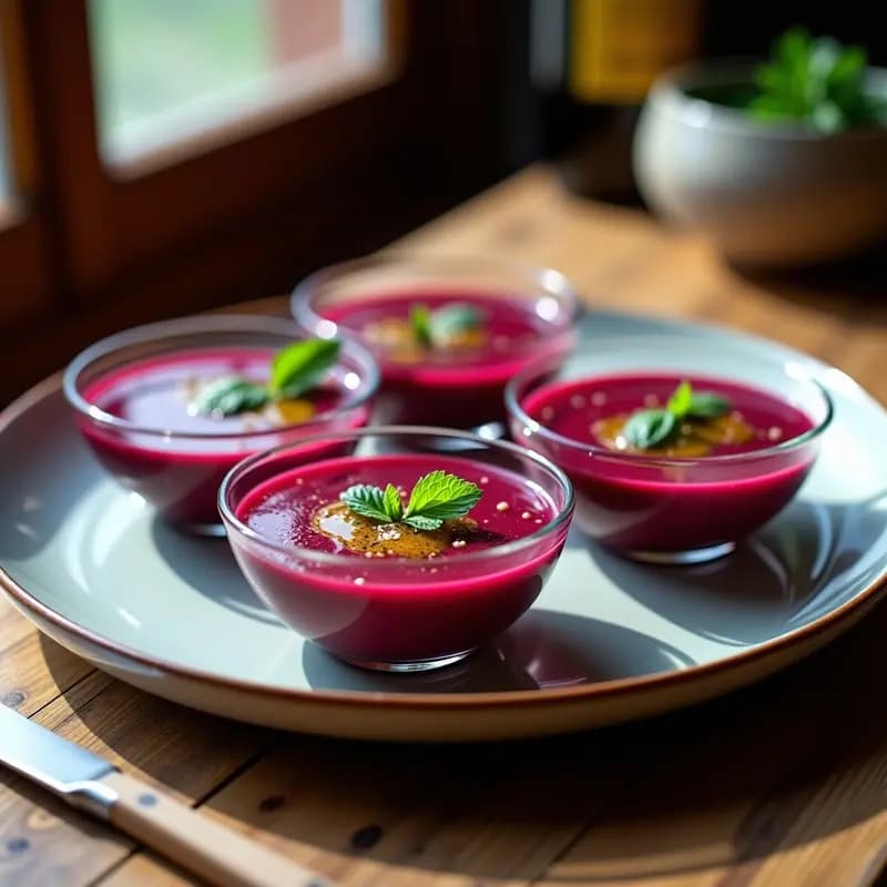 Vasitos de gazpacho andaluz de remolacha y joroba con color morado intenso, decorados con hojas de menta y un hilo de aceite de oliva sobre fondo rústico de madera.