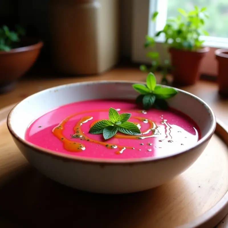 Cuenco de gazpacho de remolacha vegano de color rosa intenso, decorado con hojas de menta fresca y un hilo de aceite de oliva virgen extra sobre fondo rústico de madera.