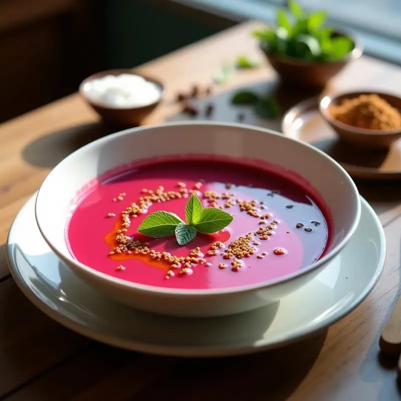 Gazpacho de remolacha con zaatar servido en cuenco de cerámica blanca, decorado con hojas de menta fresca y un hilo de aceite de oliva, sobre fondo rústico de madera.