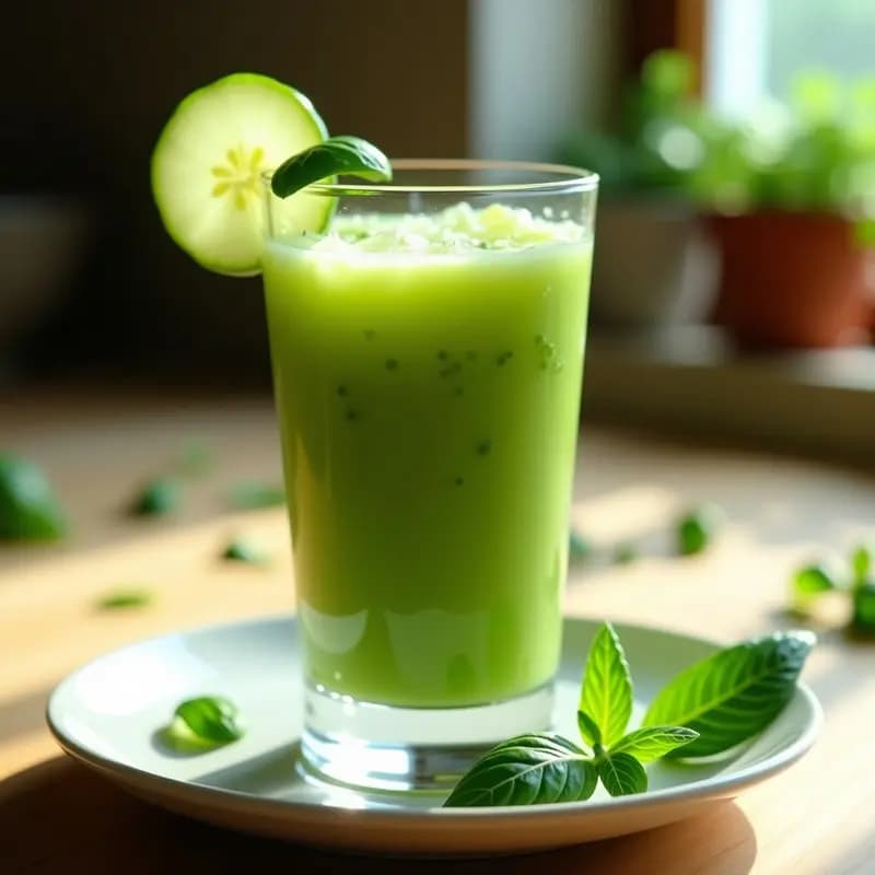 Vaso alto transparente lleno de gazpacho verde sin tomate, de color vibrante, decorado con una hoja de albahaca y una rodaja de pepino en el borde. Fondo borroso con hierbas frescas y luz natural.
