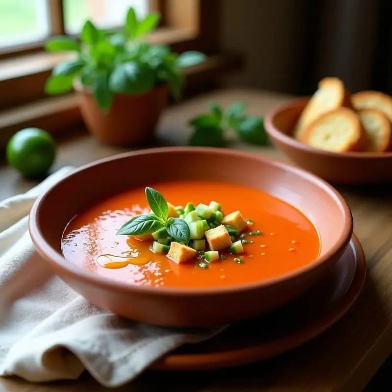 Cuenco de barro rústico con gazpacho andaluz fresco, decorado con trozos de pepino, pimiento y croutons, con un hilo de aceite de oliva virgen extra, receta Thermomix express.