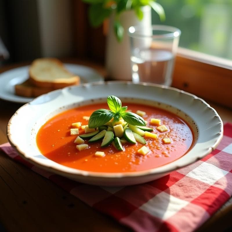 Cuenco de gazpacho andaluz tradicional con trozos de pepino, pimiento y pan tostado como topping, servido frío en un día soleado.