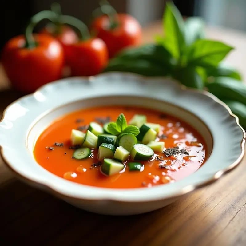 Cuenco de cerámica blanca con gazpacho andaluz trufado, decorado con trozos de pepino, pimiento y un hilo de aceite de trufa negra sobre fondo rústico de madera.