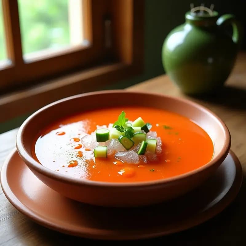 Cuenco de gazpacho andaluz con vinagre de Jerez y hielo picado, servido en un bol rústico de barro con trozos de pepino y pimiento verde como decoración, sobre una mesa de madera con fondo de luz natural veraniega.