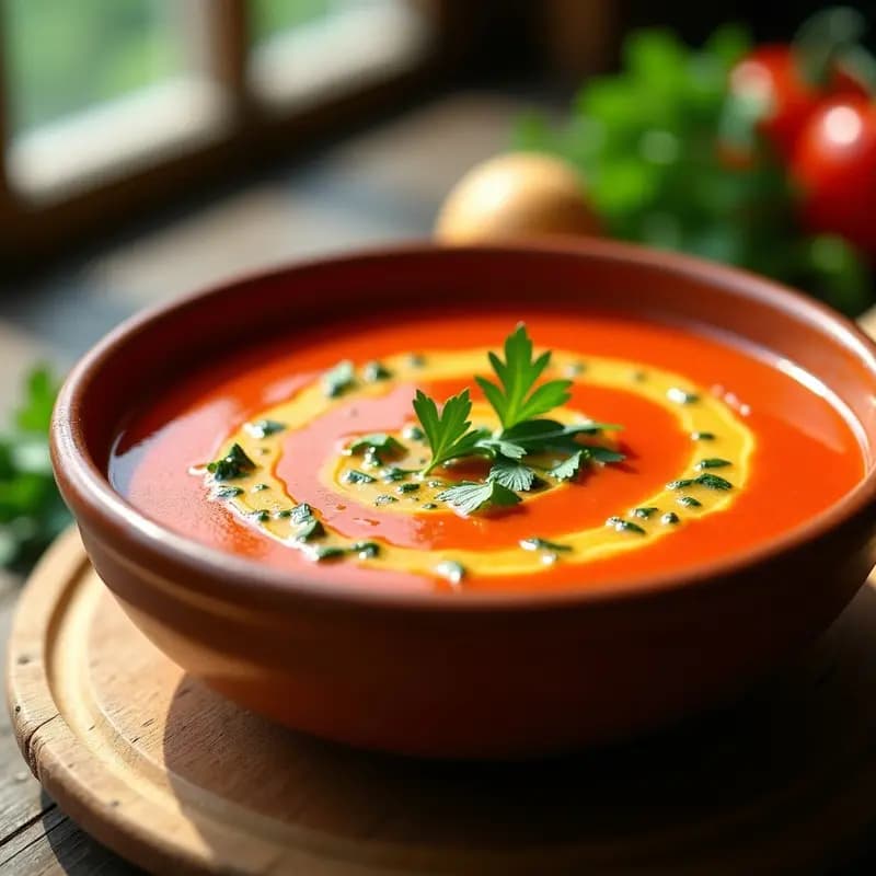 Cuenco de gazpacho andaluz frío con vinagreta de ajo y perejil, decorado con trocitos de pepino y pimiento, servido en un plato rústico de barro sobre una mesa de madera con hierbas frescas al fondo.