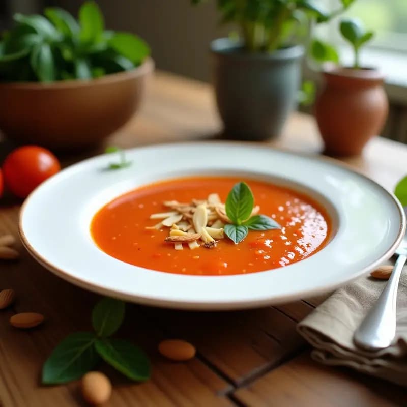 Cuenco de gazpacho andaluz frío con vinagreta de miel y almendras tostadas, decorado con hilo de aceite de oliva y trocitos de almendra, sobre fondo rústico de madera con hierbas frescas.