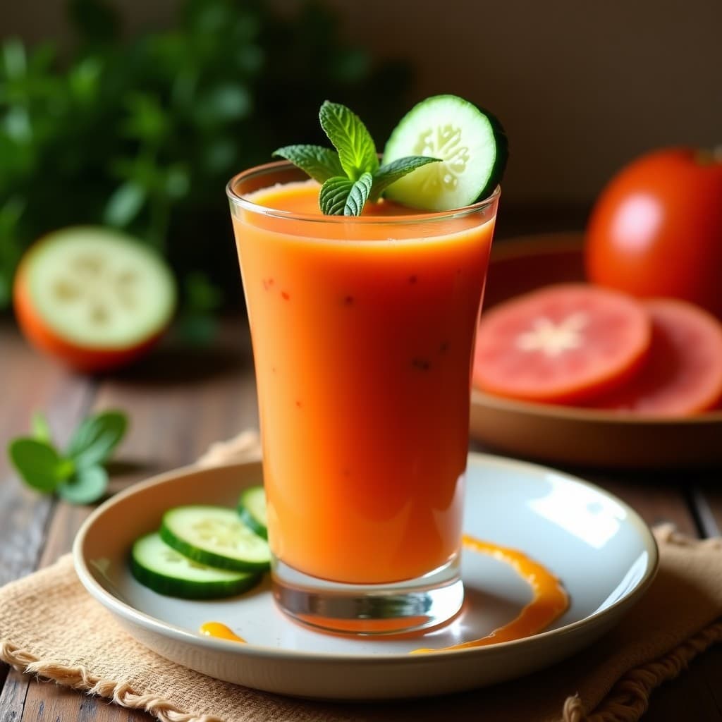 Gazpacho Andino de Tamarillo y Pepino servido en copa de cristal transparente, con rodajas de pepino y hojas de huacatay como decoración, fondo de mesa rústica con telas andinas.