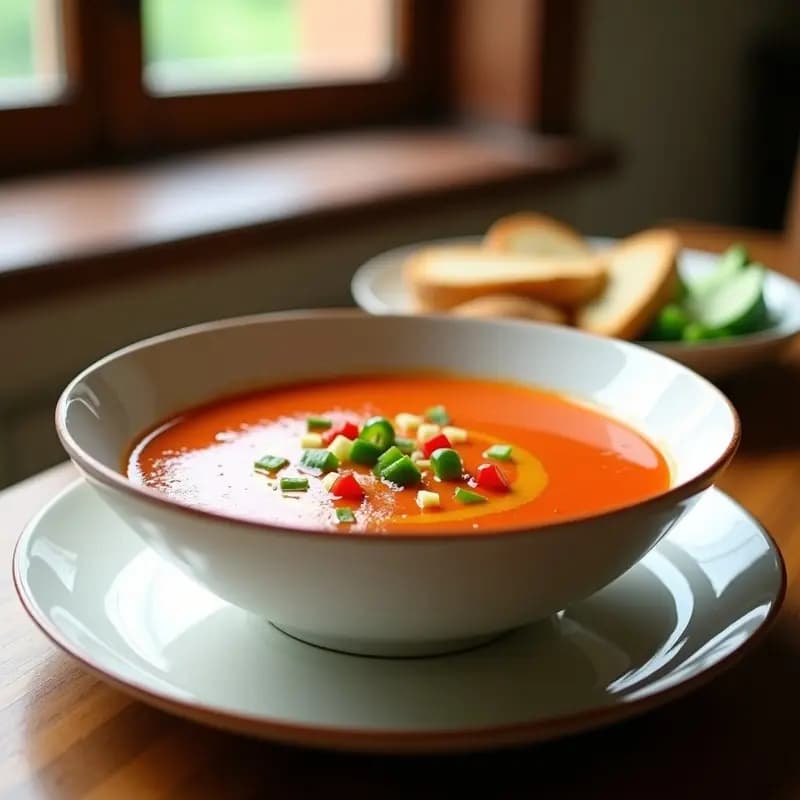 Cuenco de gazpacho extremeño fresco con pan, tomate y pimentón, decorado con trozos de pimiento verde, pepino y un hilo de aceite de oliva virgen extra. Plato tradicional español ideal para verano.