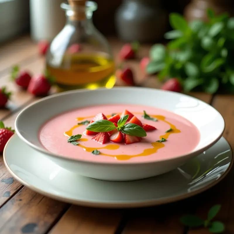 Cuenco blanco con gazpacho de fresas y albahaca, color rosa pálido, decorado con trocitos de fresa, hojas de albahaca fresca y un hilo de aceite de oliva virgen extra. Fondo con hierbas y fresas enteras.