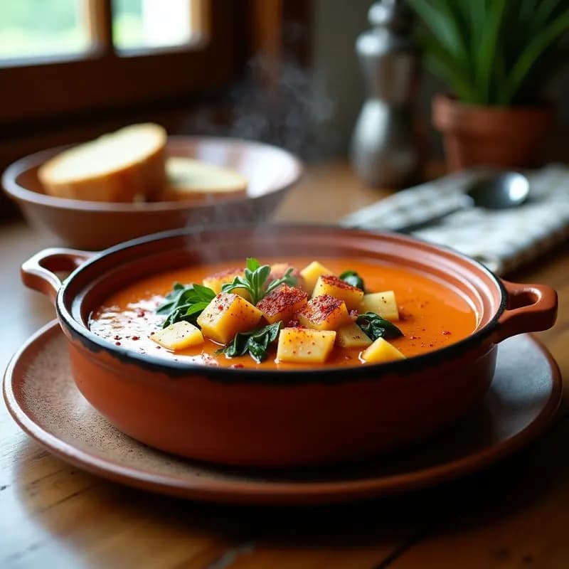 Olla de barro con gazpacho gallego humeante, patatas, grelos y trozos de pulpo en conserva, espolvoreado con pimentón dulce. Plato tradicional gallego rápido y económico.