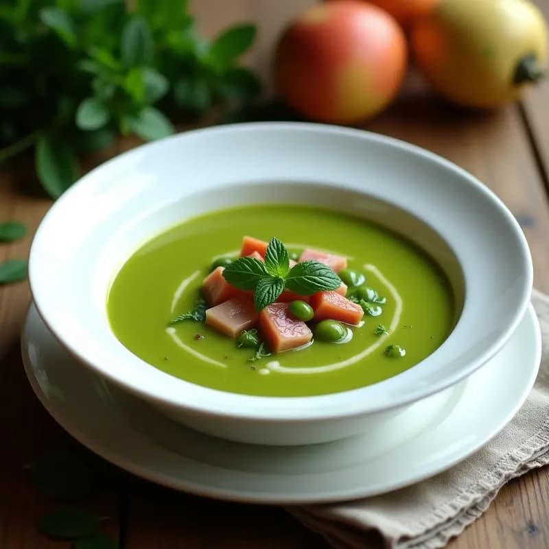 Cuenco de cerámica blanca con Gazpacho de Habas Verdes con Jamón, sopa fría andaluza de verano, decorado con trozos de habas crudas, jamón serrano en taquitos, hojas de menta fresca y un hilo de aceite de oliva virgen extra sobre fondo rústico de madera.