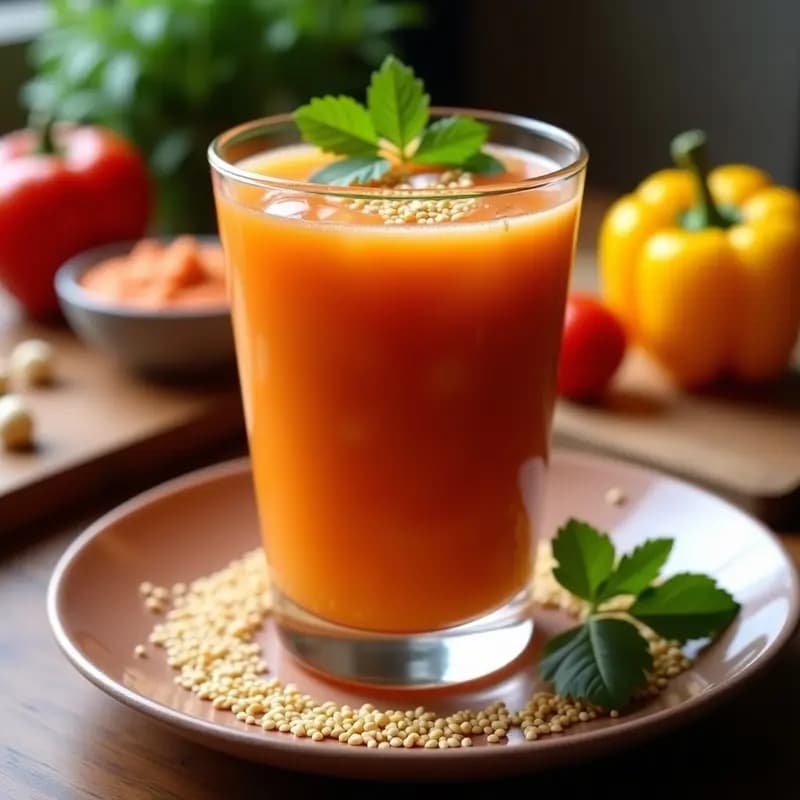 Vaso alto de cristal con gazpacho andino de lúcuma y tomate, de color naranja vibrante, decorado con hojas de cilantro fresco y semillas de sésamo tostadas. Fondo borroso con ingredientes frescos como tomates, lúcuma y pimiento amarillo.