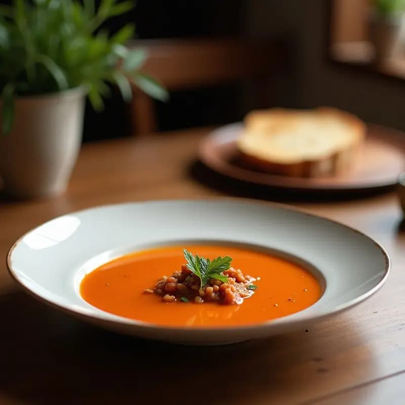 Cazuela de barro humeante con gazpacho manchego espeso, trozos de liebre y conejo, pan desmenuzado y hierbas aromáticas, servido en plato rústico de barro con cuchara de madera.