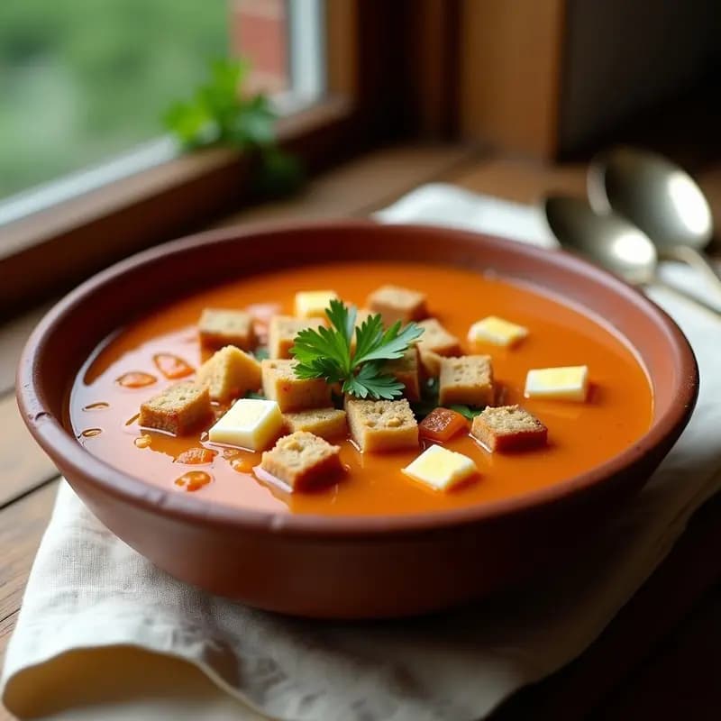 Plato hondo de barro con gazpacho manchego con carne de conejo, trozos de pan, huevo duro picado y perejil fresco, servido frío con un chorrito de aceite de oliva virgen extra.