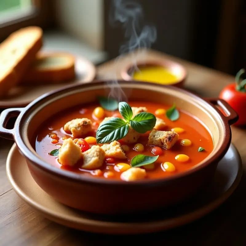 Cazuela de barro humeante con gazpacho manchego con conejo y tomate, trozos de conejo tiernos, verduras sofritas y migas de pan espesando el caldo, decorado con hierbabuena fresca y un hilo de aceite de oliva virgen extra.