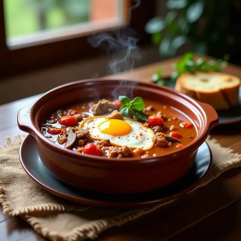 Cazuela de barro humeante con gazpacho manchego de liebre y setas, trozos de pan tostado, huevo frito encima y caldo espeso con verduras. Plato tradicional de La Mancha servido en ambiente rústico.
