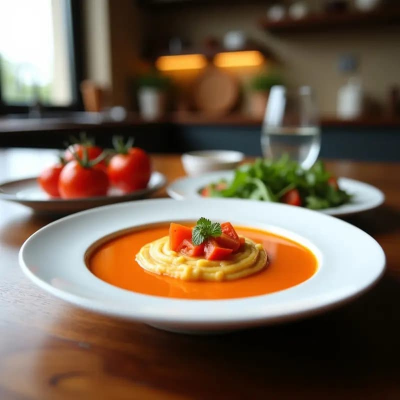 Cazuela de barro humeante con Gazpacho Manchego con Setas y Huevo Frito, guiso espeso de color dorado con trozos de setas, verduras y pan, coronado con un huevo frito de yema líquida y tortas de gazpacho doradas al lado. Plato tradicional manchego de invierno.