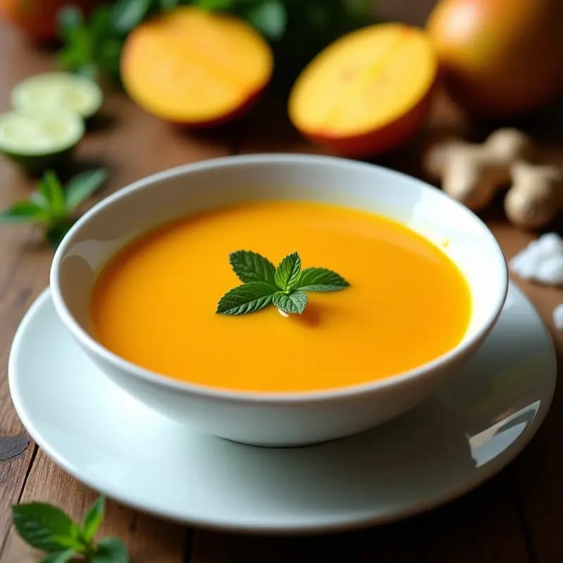 Cuenco de gazpacho de mango y jengibre vegano, con tonos dorados y verdes, decorado con hojas de menta fresca y rodajas de limón al lado.