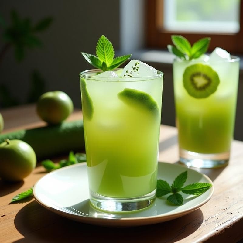 Vaso alto transparente con gazpacho de pepino y kiwi de color verde claro, decorado con hielo de hierbabuena y hojas frescas, sobre fondo rústico de madera con luz natural. Receta española antiinflamatoria.