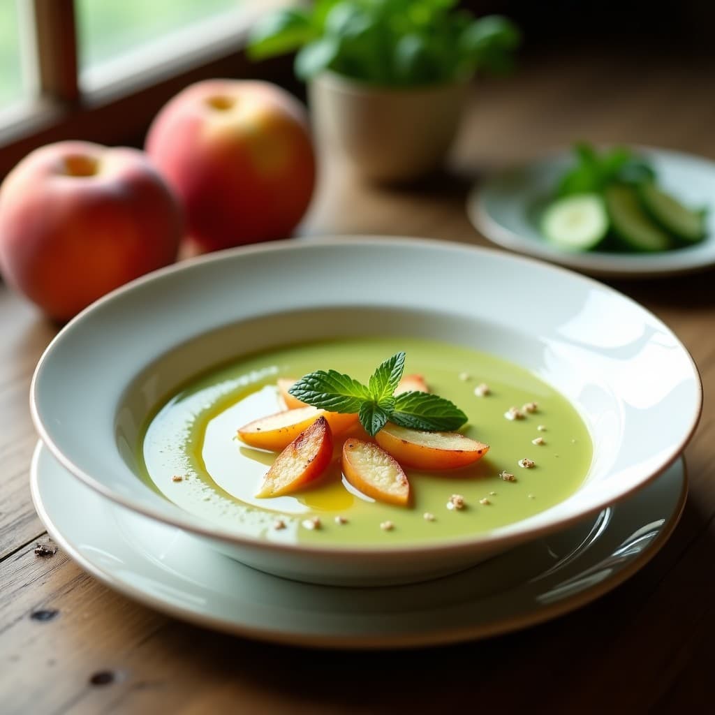 Cuenco blanco con gazpacho de pepino y melocotón, sopa fría española sin tomate, decorado con almendras tostadas, hojas de menta y un hilo de aceite de oliva virgen extra sobre fondo rústico de madera.