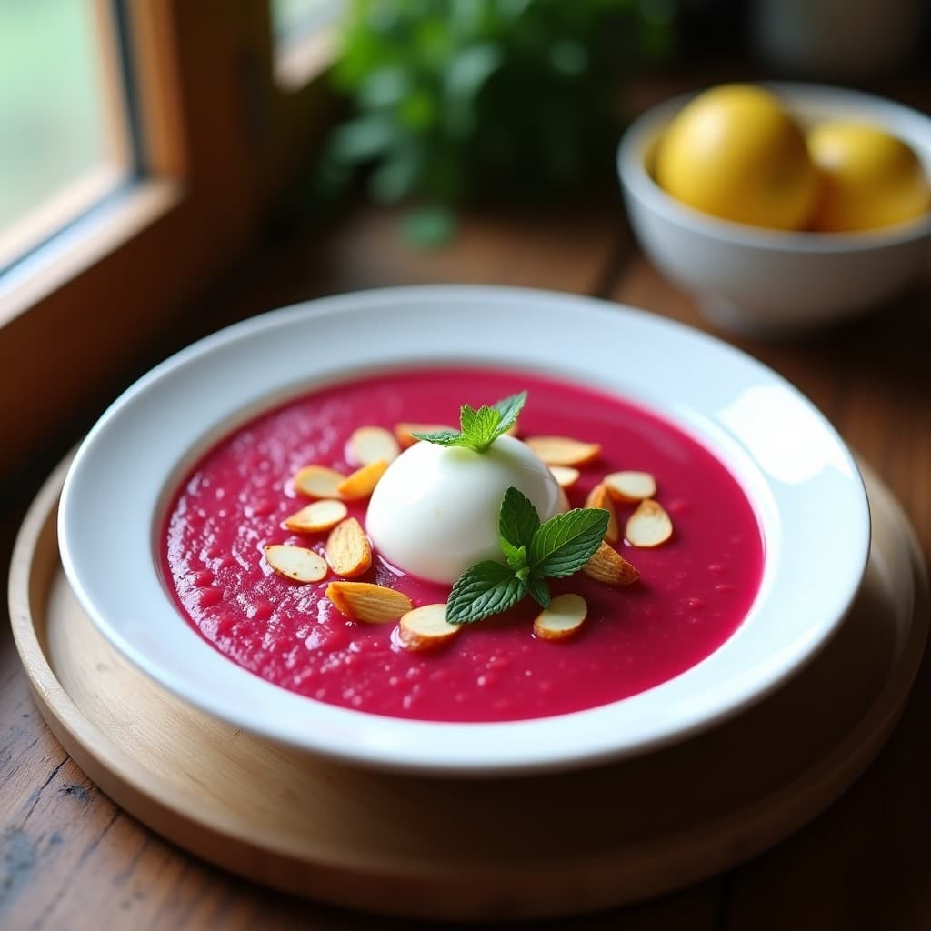 Cuenco de cerámica blanca con gazpacho de remolacha y jengibre de color fucsia intenso, coronado con una bola de helado de yogur griego cremoso, almendras fileteadas tostadas y hojas de menta fresca. Fondo con textura rústica de madera y luz natural suave.