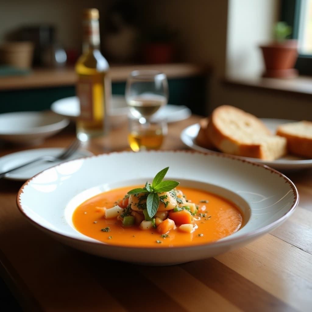 Gazpacho de sandía y pepino andaluz con toque picante servido en cuenco blanco rústico, decorado con cubos de sandía, rodajas de pepino y cilantro fresco, con un hilo de aceite de oliva virgen extra.