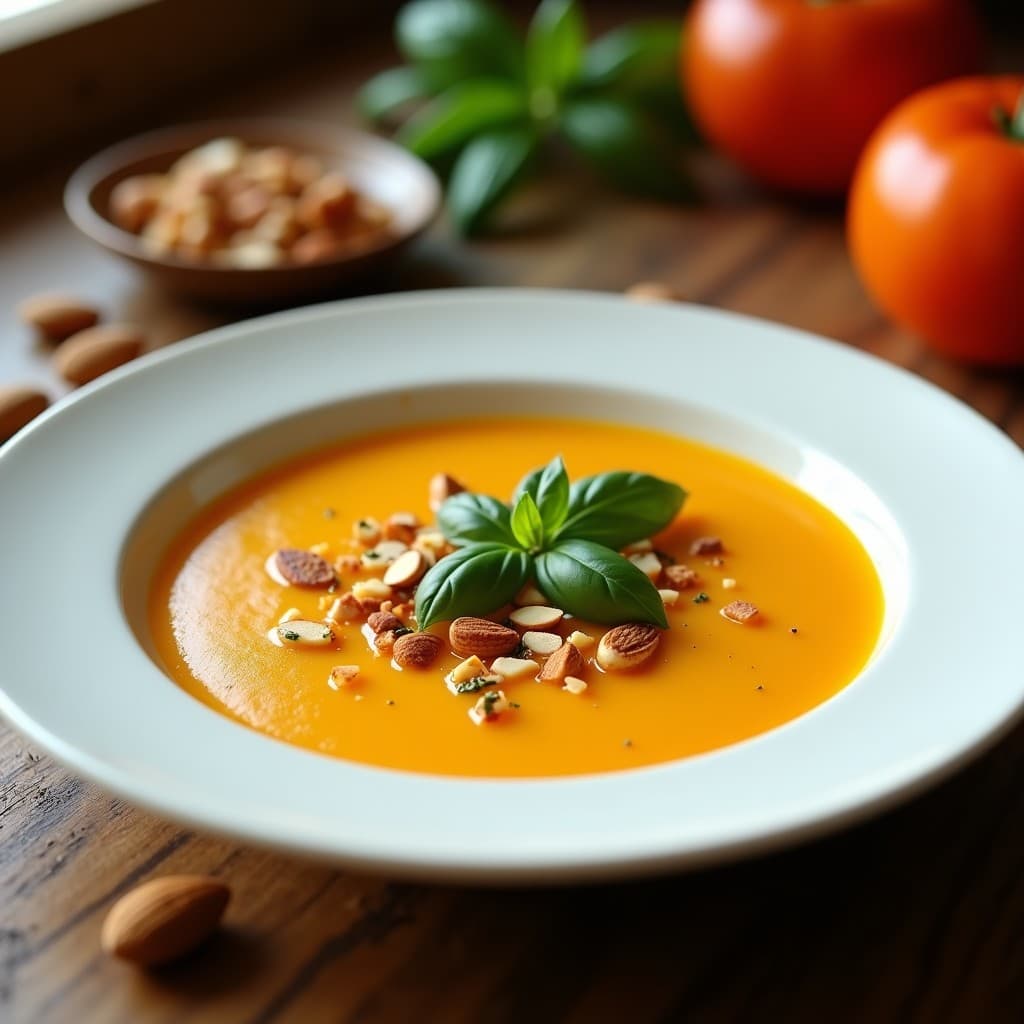 Cuenco blanco con gazpacho de tomate amarillo y pimiento asado, decorado con almendras picadas, hierbas frescas y un hilo de aceite de oliva virgen extra. Fondo con texturas rústicas y colores cálidos, destacando los tonos dorados y amarillos del gazpacho.