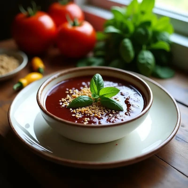 Cuenco de cerámica blanca con Gazpacho Andaluz de Tomate Negro y Ají Amarillo, decorado con hojas de albahaca, menta y semillas de sésamo tostado, sobre una mesa rústica de madera con fondo borroso de ingredientes frescos.