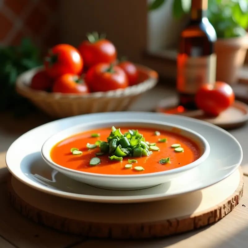 Cuenco de cerámica blanca con gazpacho de tomate con vinagre de Jerez y ajo, decorado con trozos de pepino, pimiento verde y un hilo de aceite de oliva virgen extra sobre fondo rústico de madera. Receta andaluza refrescante y sin gluten.
