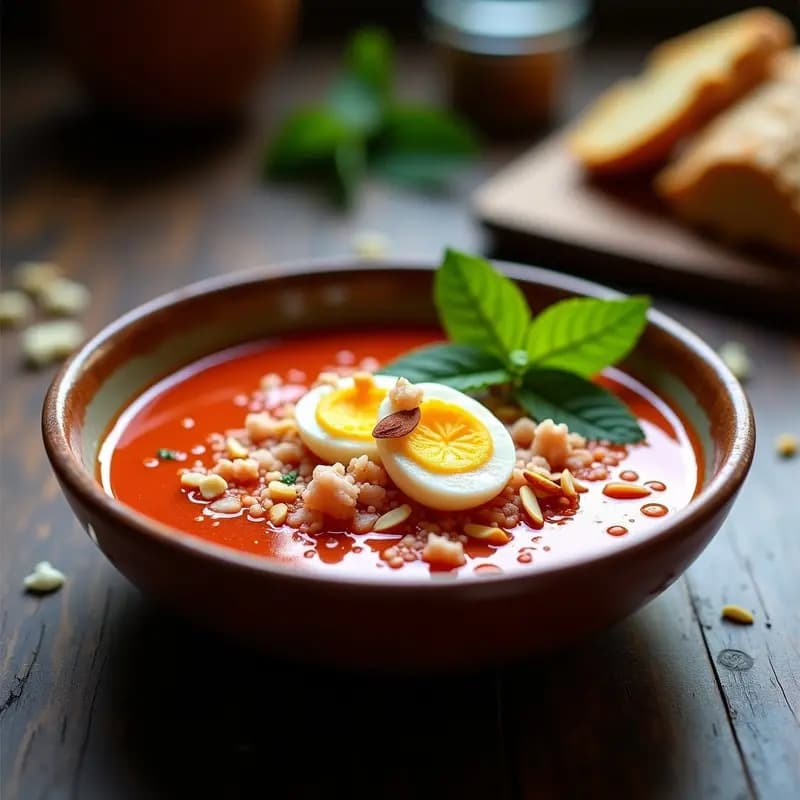 Cuenco de gazpacho andaluz cremoso con toppings de ventresca de atún desmenuzada, huevo duro picado, pepino en dados, pimiento rojo y albahaca fresca, servido frío en un plato rústico de barro.