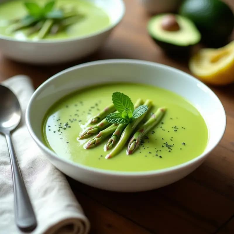 Cuenco blanco con gazpacho verde cremoso de espárragos y aguacate, decorado con puntas de espárrago, rodajas de aguacate y hojas de menta fresca sobre una mesa de madera rústica.