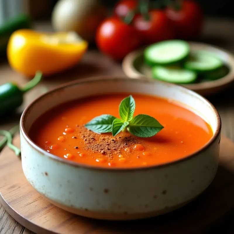 Cuenco de cerámica blanca con gazurpacho extremeño frío, de color rojo intenso, decorado con un hilo de aceite de oliva virgen extra y una pizca de pimentón dulce de la Vera. Al fondo, rodajas de pepino y pimiento verde. Receta tradicional de tomate y comino.