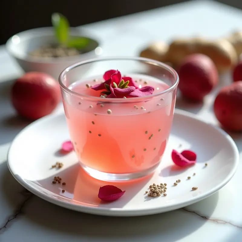 Gelatina vegana de lichi y rosa con semillas de chía en copa de cristal, decorada con lichis enteros, goji berries y pétalos de rosa. Postre HCM (Hierbas Chinas Medicinales) refrescante y saludable.