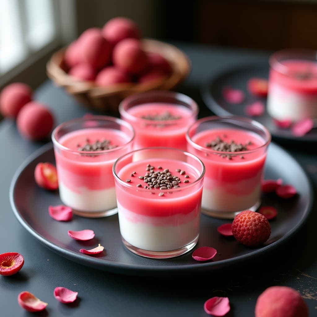 Copas de cristal transparente con gelatina de lichi y rosa en capas, coronada con pétalos de rosa comestibles y semillas de chía, postre chino vegano sin gelatina animal.