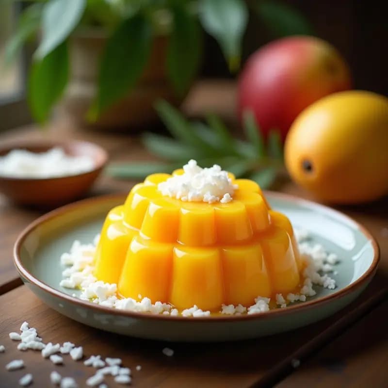 Gelatina de Mango con Leche de Coco y Virutas de Coco Tostado: Postre Filipino Sin Lácteos