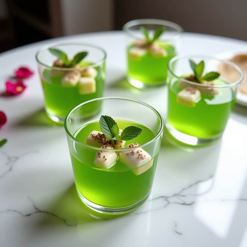 Copas de cristal transparente con gelatina de matcha y agua de rosas en capas verdes claras, trozos de lichi blanco y semillas de chía en la superficie, decoradas con pétalos de rosa comestibles sobre fondo blanco.