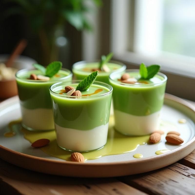 Cuatro vasitos de cristal transparente con gelatina de matcha y leche de almendras, postre japonés vegano y bajo en calorías, decorados con almendras fileteadas y un hilo de sirope de agave, servidos sobre una mesa de madera rústica con hojas de menta.