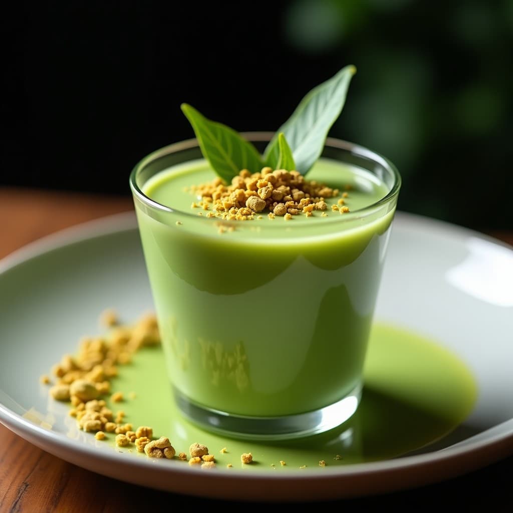 Gelatina de matcha en capa verde intensa con leche de pistacho, decorada con virutas de oro comestible y pistachos picados, servida en copas transparentes sobre fondo oscuro.