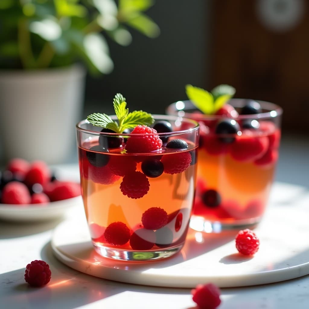 Copas de cristal transparente con gelatina dorada de té Earl Grey, capas de frutos rojos frescos y hojas de menta, postre británico elegante sobre fondo blanco.