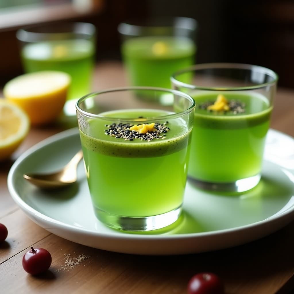 Gelatina de té verde matcha con leche de anacardos en copas transparentes, decorada con semillas de sésamo negro y ralladura de limón, postre japonés sin azúcar.
