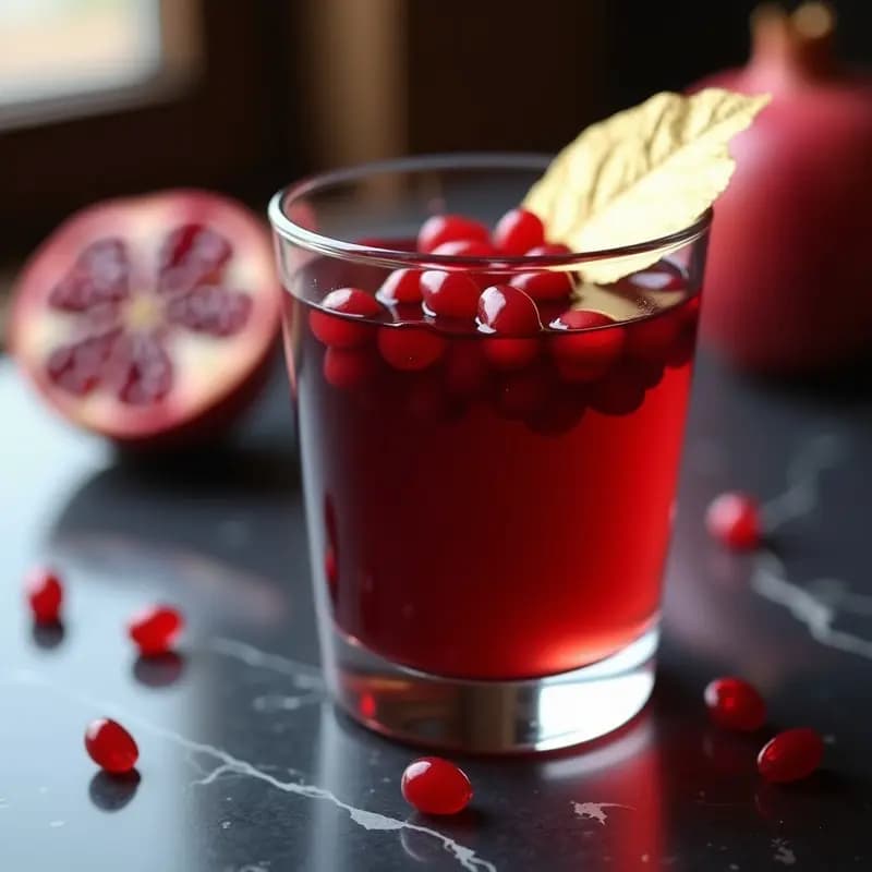 Copa de cristal transparente con gelatina de vino tinto y granada, coronada con semillas rojas brillantes y una lámina de hoja de oro comestible, postre francés sin azúcar sobre fondo oscuro elegante.