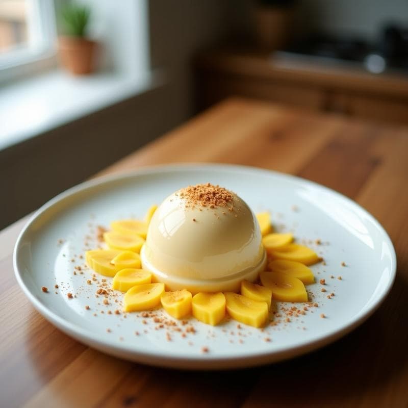 Cuenco de cerámica blanca con gelato de agua de coco y lúuma, color crema dorado, decorado con virutas de coco tostado y hojas de menta, sobre fondo de madera rústica con luz natural suave.
