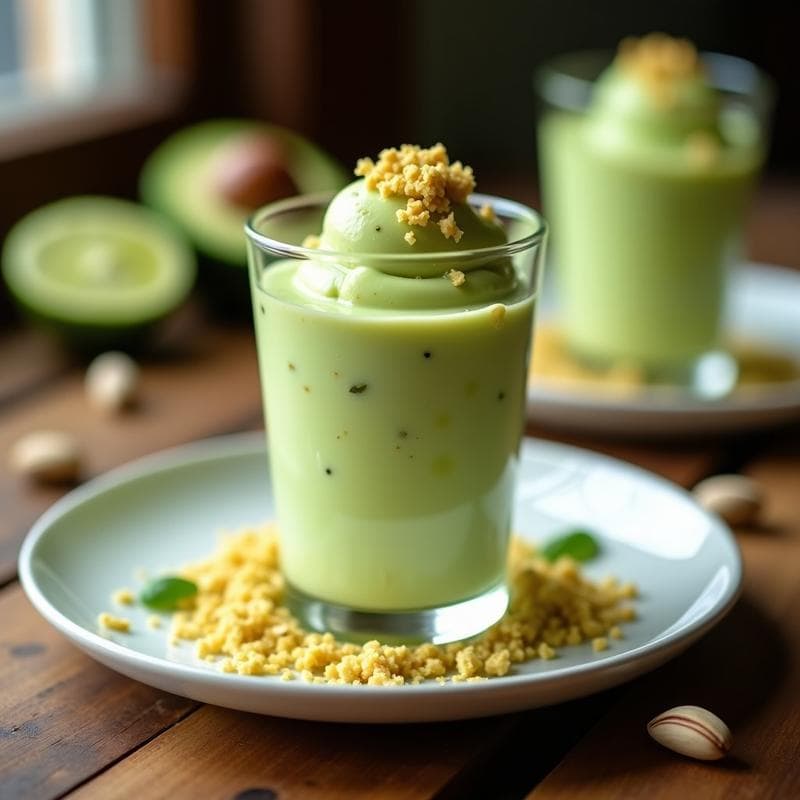 Copa de cristal con gelato de aguacate y lima de color verde claro, coronado con crumble dorado de pistacho y ralladura de lima. Textura cremosa y presentacion elegante, postre vegano keto en Thermomix.