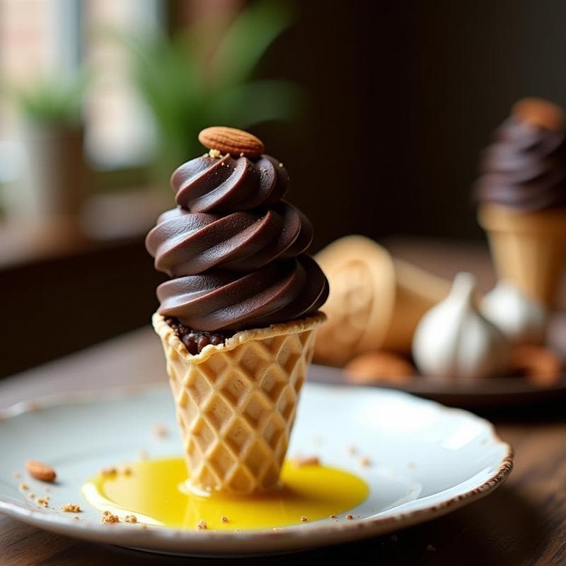 Cucurucho de barquilla con gelato de ajo negro y aceite de oliva virgen extra, decorado con almendras molidas y un hilo de aceite de oliva, servido en un plato blanco rústico.