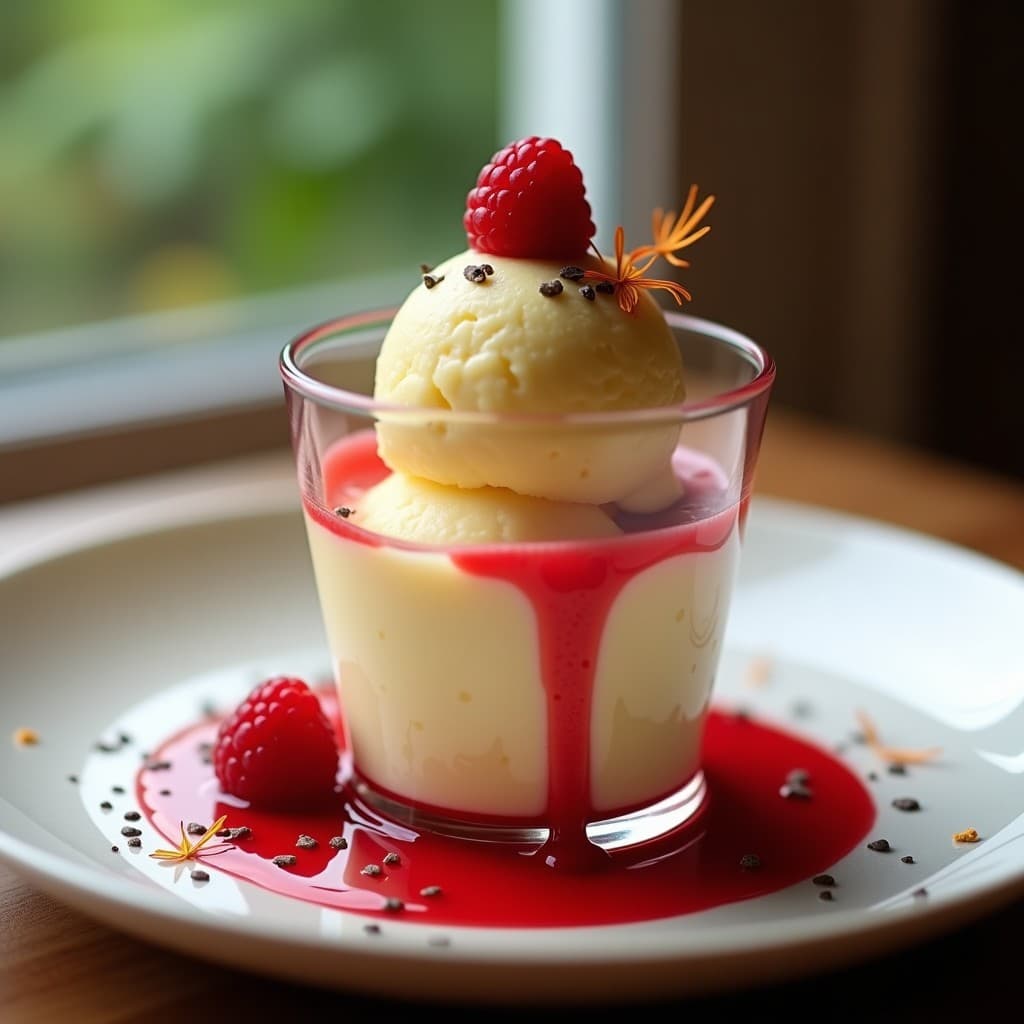 Copo de gelato de almendra y azafrán de color crema dorado, servido en una copa de cristal con salsa de frambuesa roja brillante y semillas de chía. Decorado con hebras de azafrán y frambuesas frescas, sobre un fondo rústico de madera.